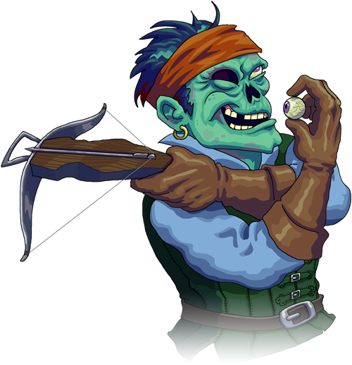 Zombie ranger pointing his crossbow back over his shoulder and holding his eyeball in the other hand and pointing it back over his shoulder to aim.